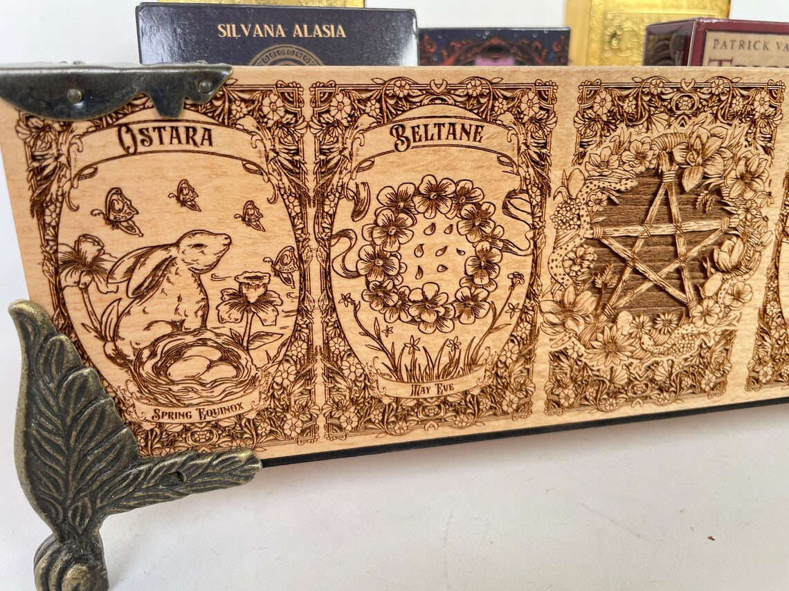 Tarot and Oracle Deck Organizer for multiple decks 12 slots engraved in solid wood with the wheel of the year holder, Ostara, yule, Mabon - Forgotten Engravings