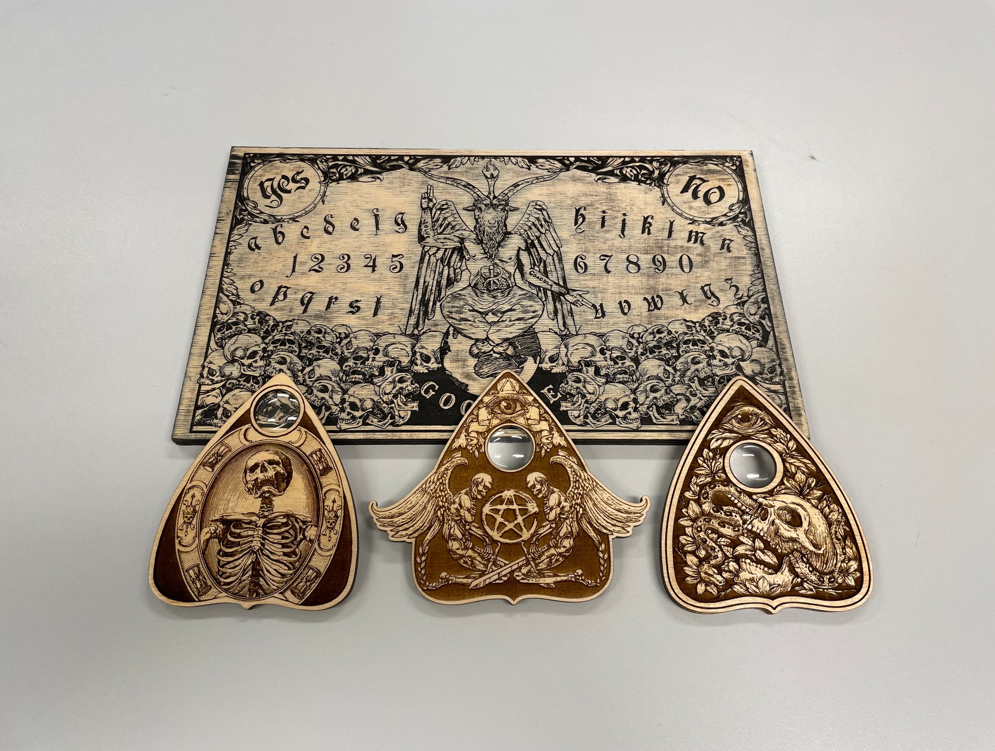 Gothic wooden planchette with glass eye lens engraved spirit board pointer
