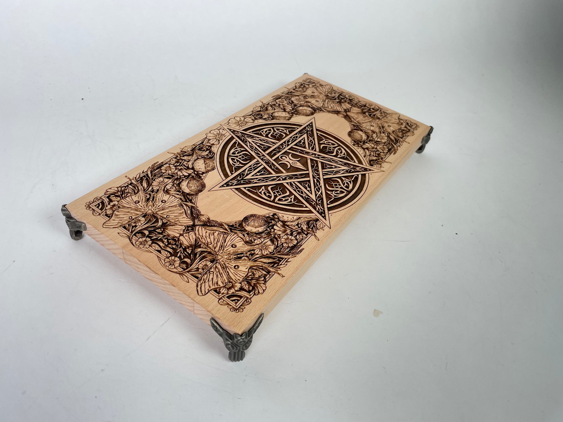 Witches altar table engraved on solid wood with Celtic pentagram ritual altar board handmade Netherlands ships to USA
