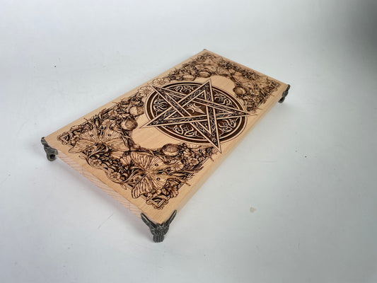 Witches altar table engraved on solid wood with Celtic pentagram ritual altar board handmade Netherlands ships to USA
