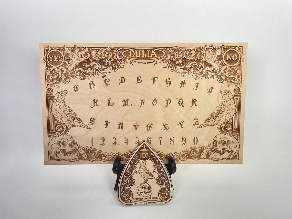 Ravens and gothic spirit Ouija board engraved wood with planchette handmade Netherlands ships to USA
