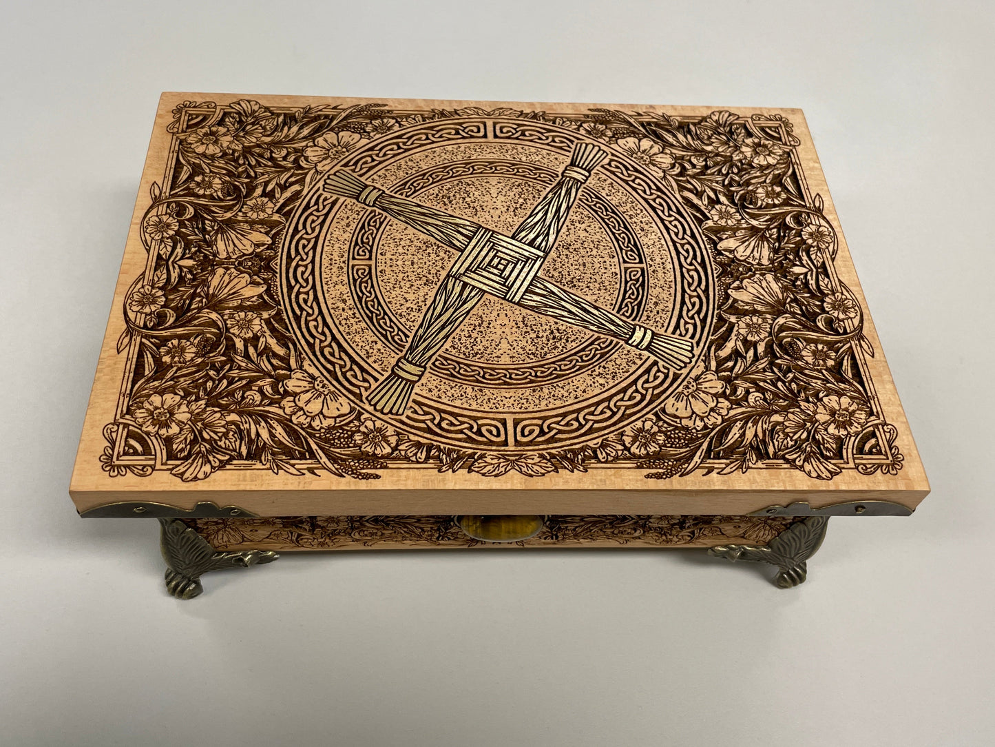 St. Brigid altar box engraved with Celtic Brigid’s Cross and floral knotwork in solid beech wood