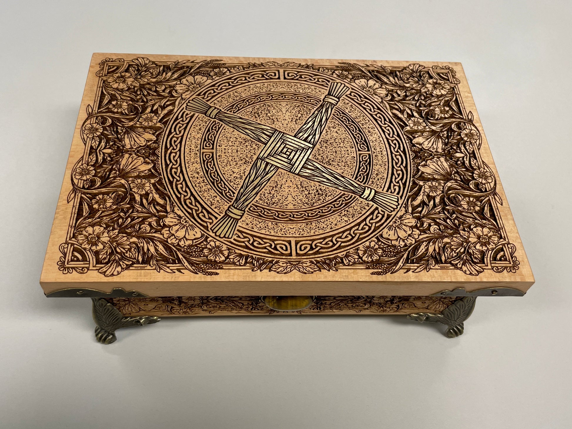 St. Brigid altar box engraved with Celtic Brigid’s Cross and floral knotwork in solid beech wood