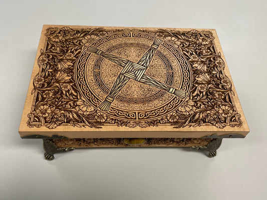 St. Brigid altar box engraved with Celtic Brigid’s Cross and floral knotwork in solid beech wood