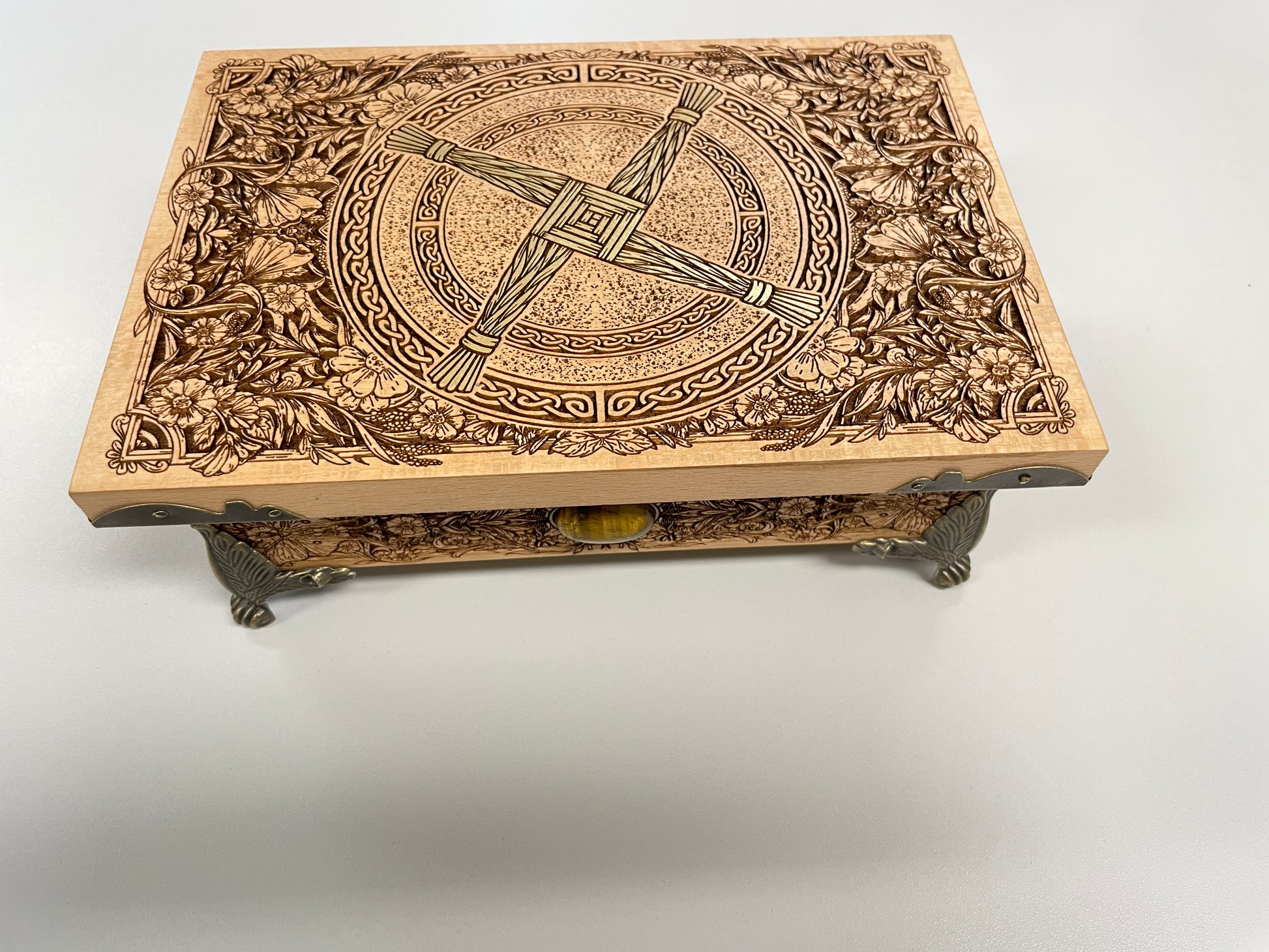 Irish Celtic Brigid’s Cross engraved wooden box with tiger eye crystal accents