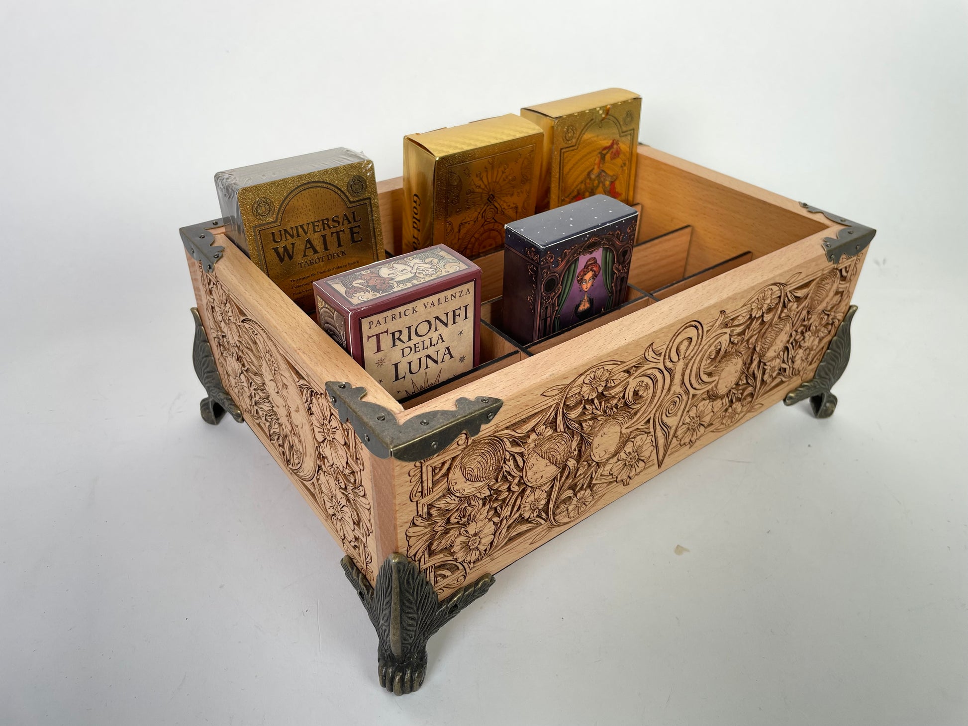 Wooden tarot and oracle deck holder showing 12 removable compartments for sacred storage
