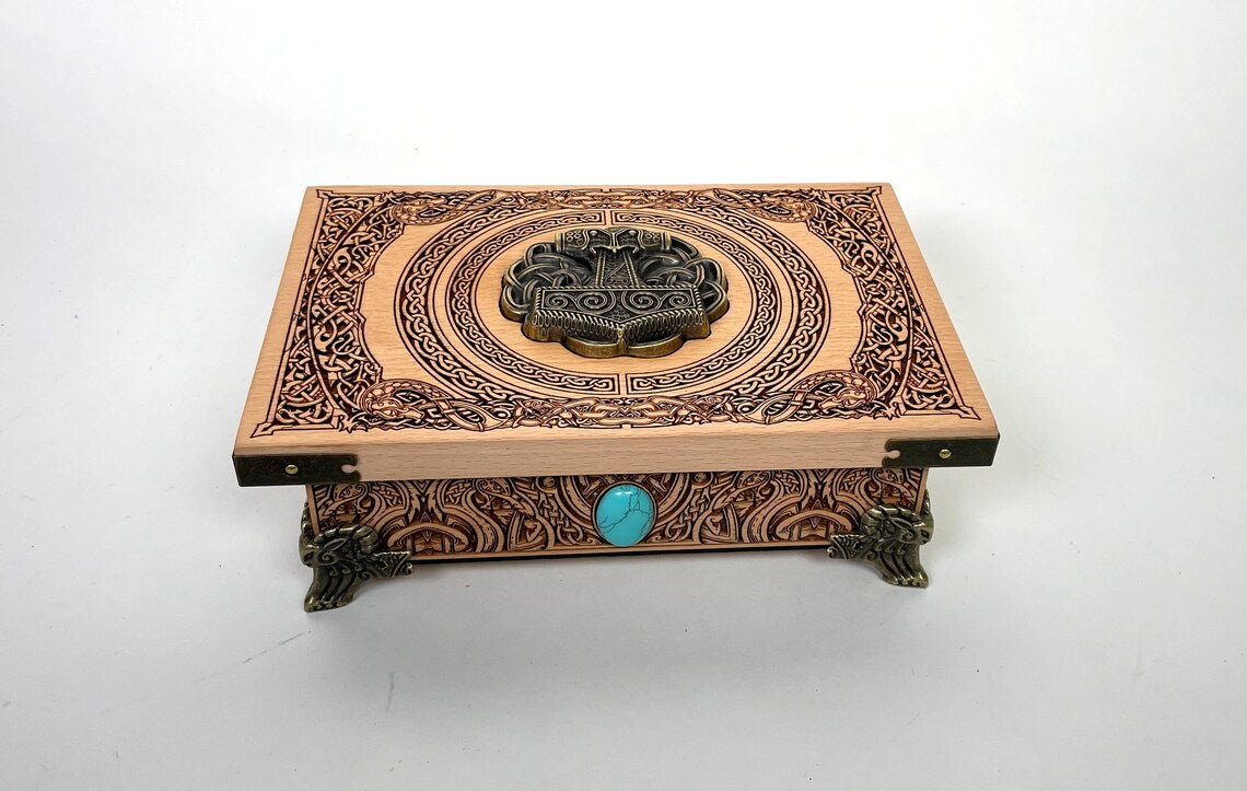 Valhalla Viking altar box engraved with Mjölnir hammer and Vegvísir in solid wood

