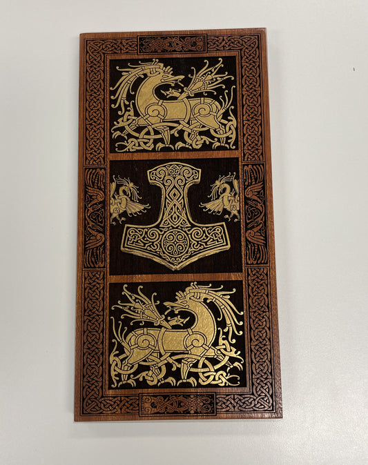 Viking Thor hammer mahogany wall art Ringerike style