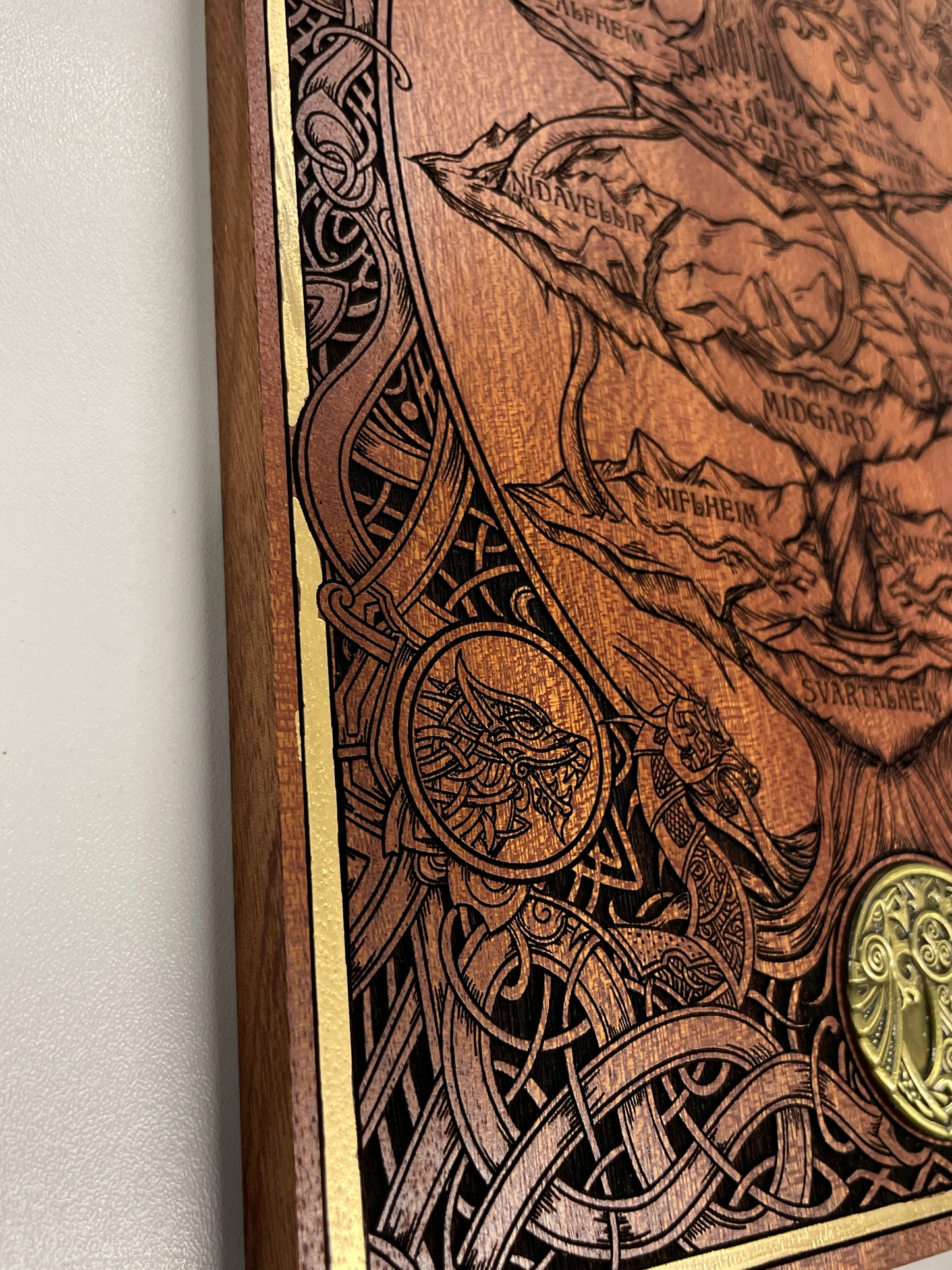 Details of  wood engraving  of  Yggdrasil decor 