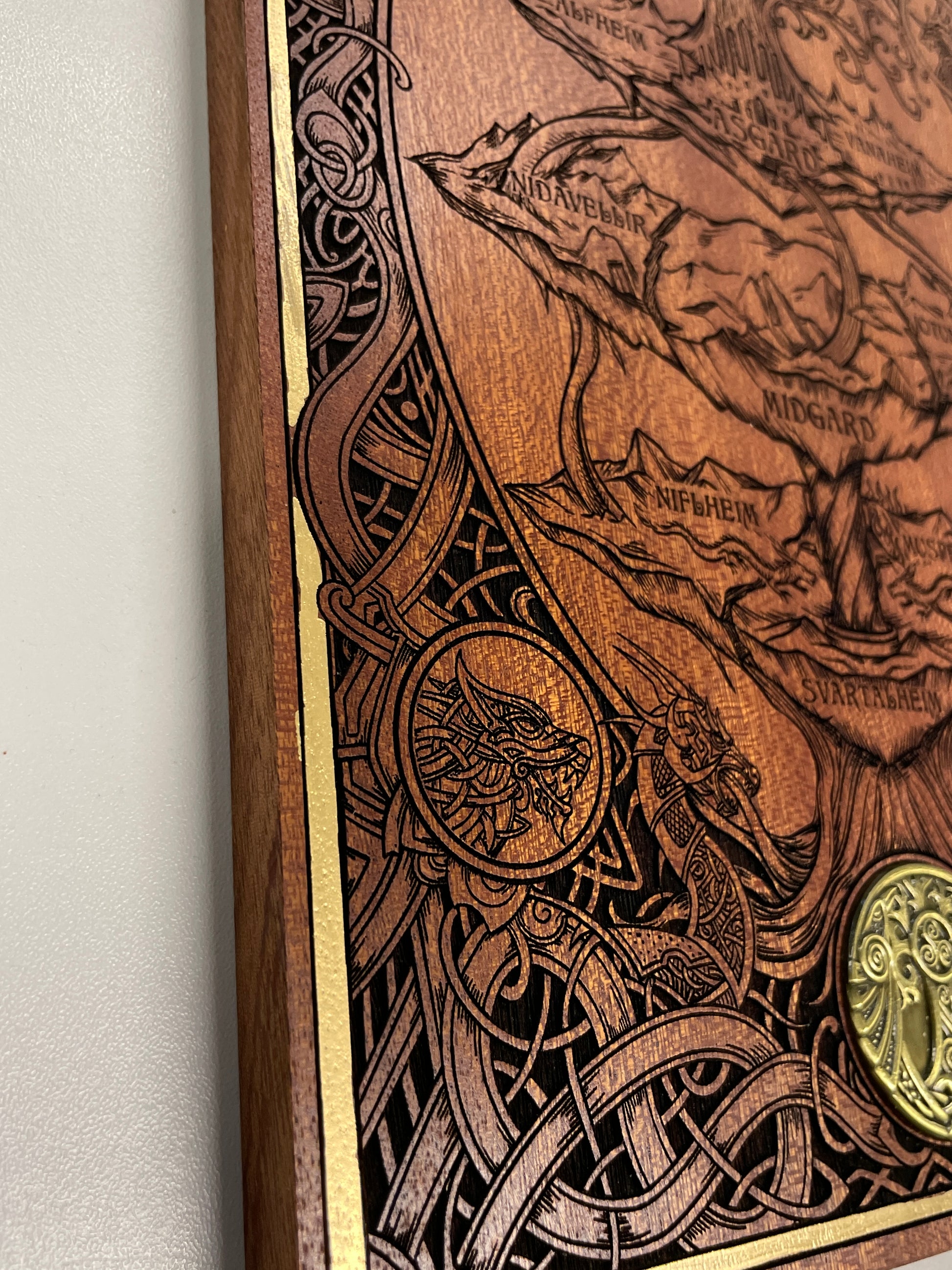 Details of  wood engraving  of  Yggdrasil decor 