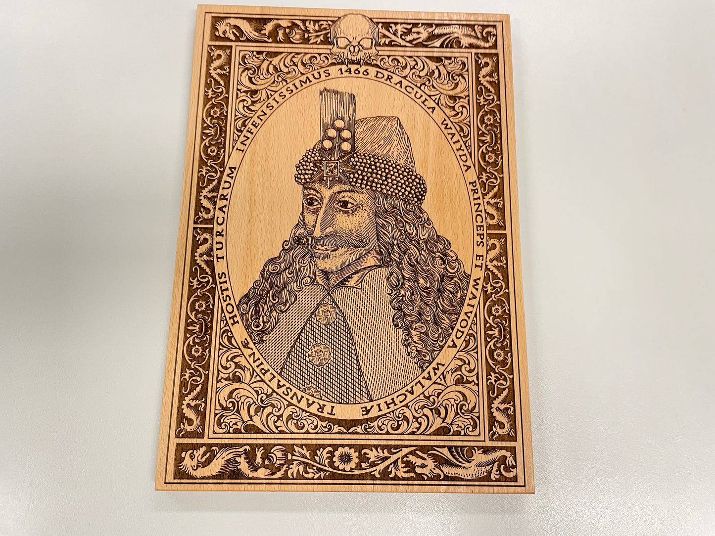 Dracula Vlad the Impaler wood wall art engraved gothic medieval portrait on beech wood
