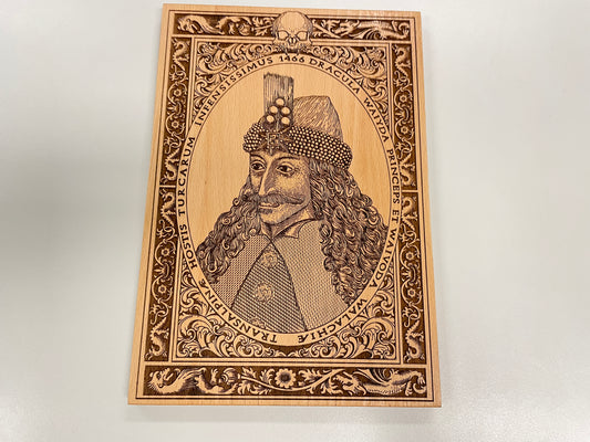 Dracula Vlad the Impaler wood wall art engraved gothic medieval portrait on beech wood
