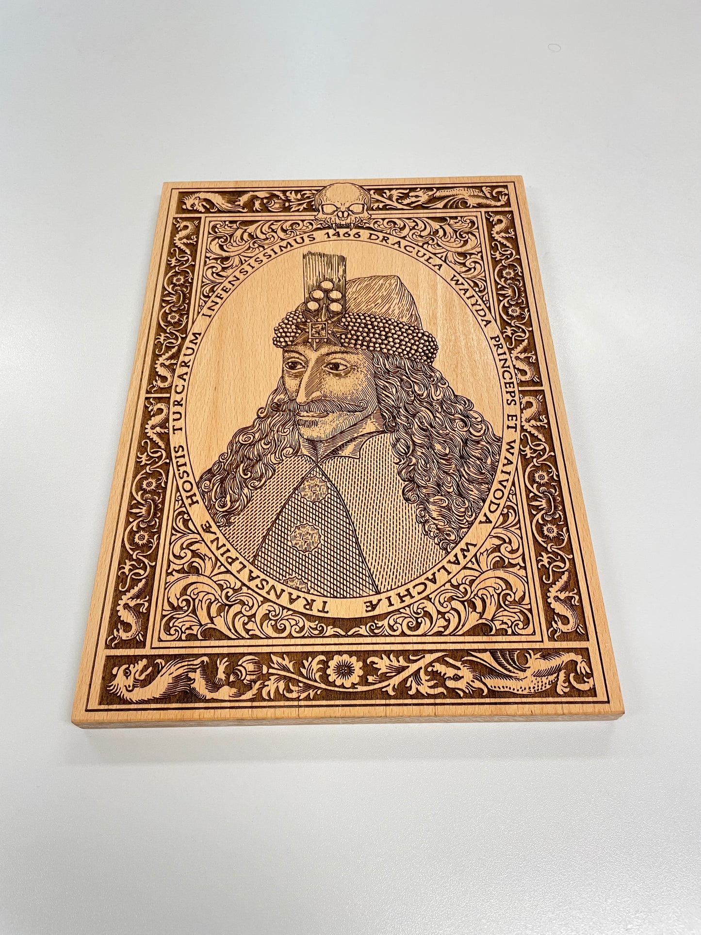 Historical vampire lore inspired wooden portrait of Vlad the Impaler engraved on solid wood