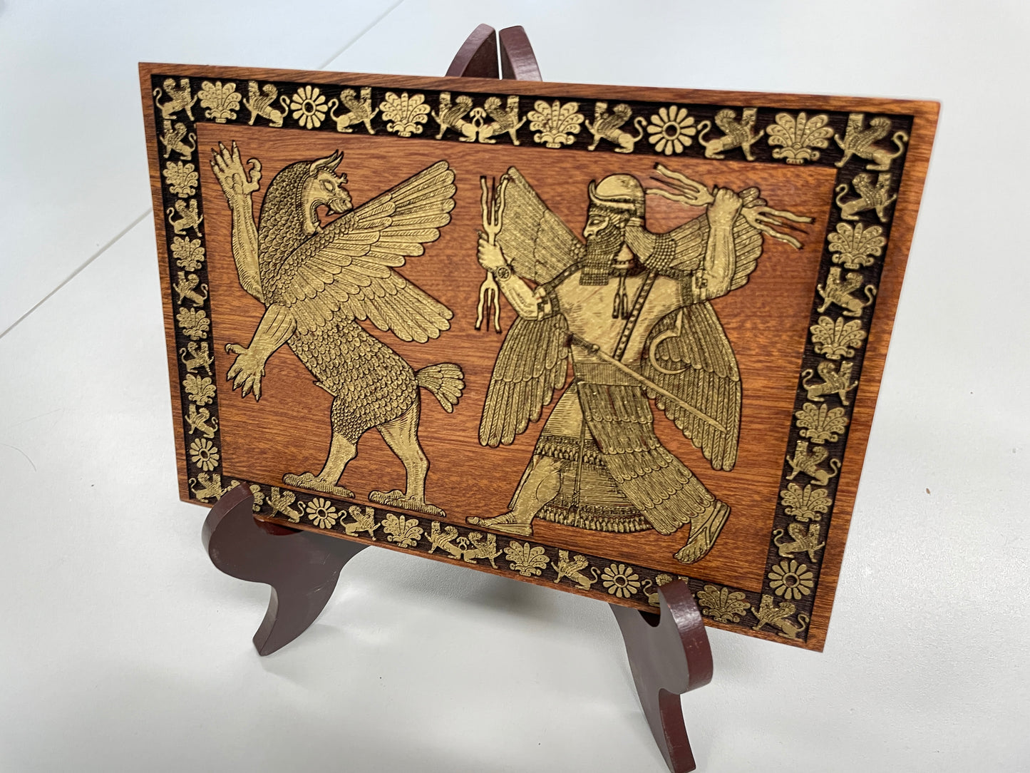 Sumerian Anunnaki god engraved wood wall art panel with ancient Mesopotamian deity motif
