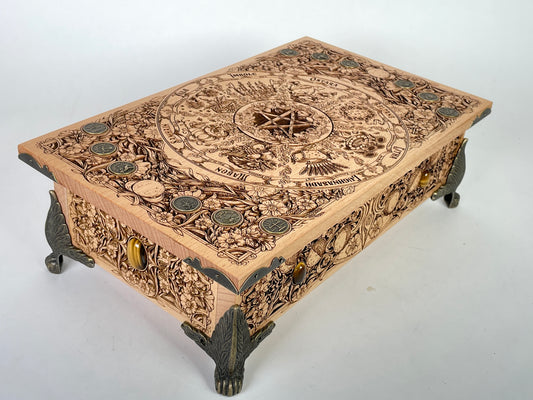 Wheel of the Year Wiccan altar table with storage engraved on solid wood handmade Netherlands ships to USA
