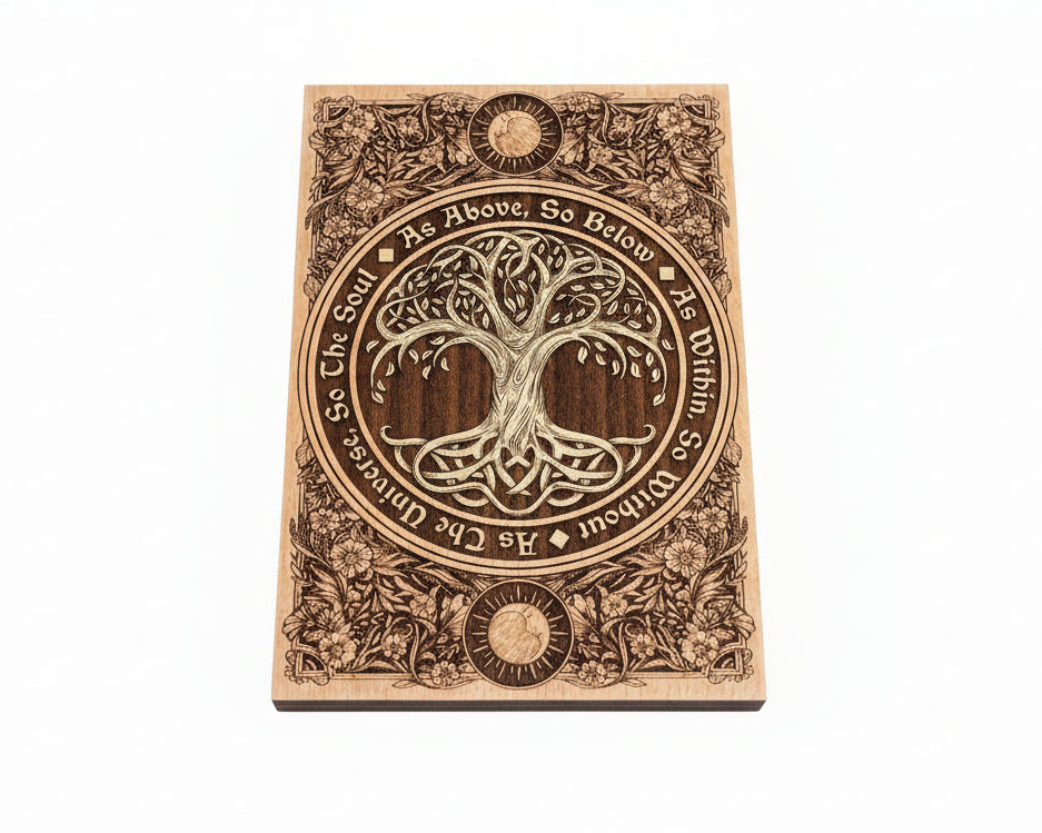 Wiccan Tree of Life wood wall art engraved with As Above So Below phrase and hand-painted accents
