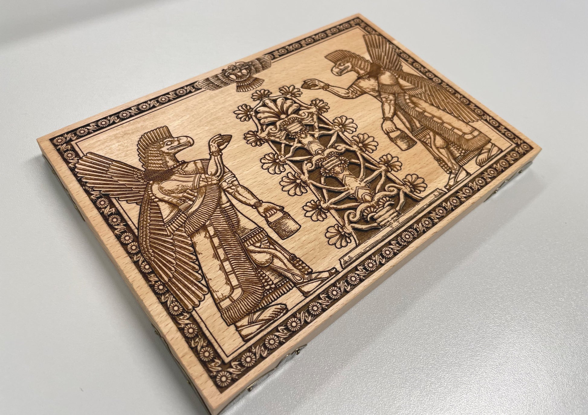 Anunnaki winged Sumerian god engraved wall decor with Persian Tree of Life motif
