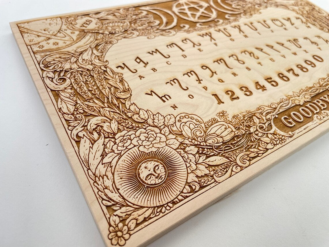 Witchcraft Ouija spirit board engraved wood with Theban alphabet Triple Moon and pentacle handmade Netherlands ships to USA
