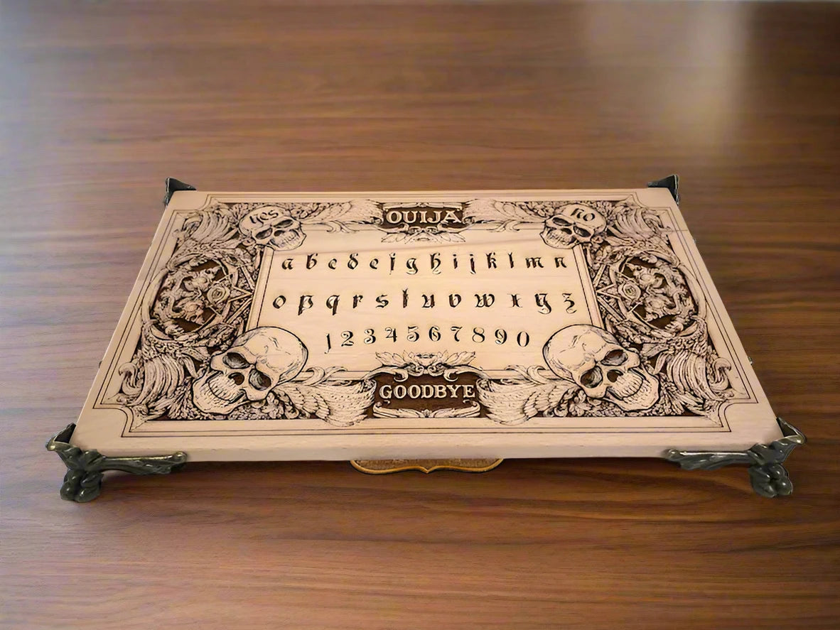 ouija board engraved on solid wood with skulls and demons