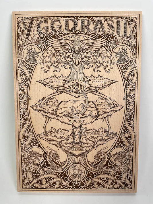 Yggdrasil Nine Realms Viking wall art engraved in solid wood handmade in Netherlands ships to USA

