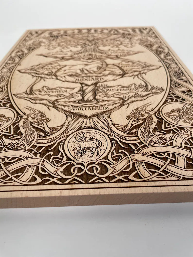 Side view of Yggdrasil wooden wall hanging showing thickness and craftsmanship
