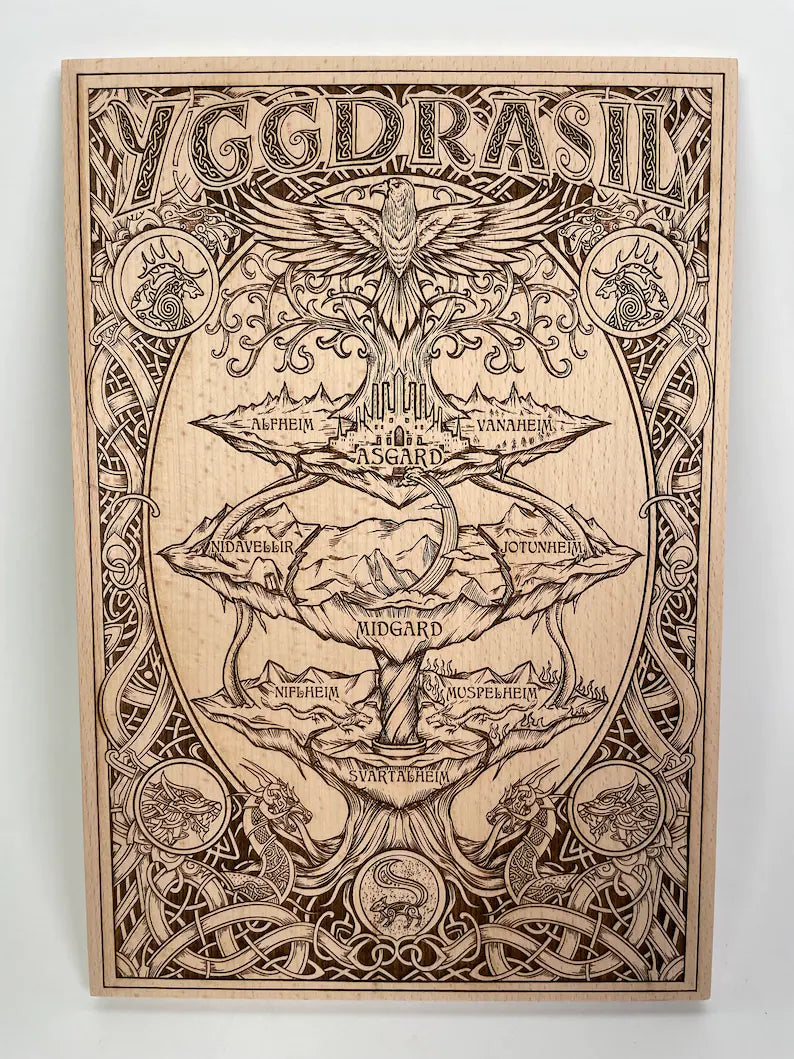 Close up of Yggdrasil Tree of Life and Nine Realms engraving on wooden wall art

