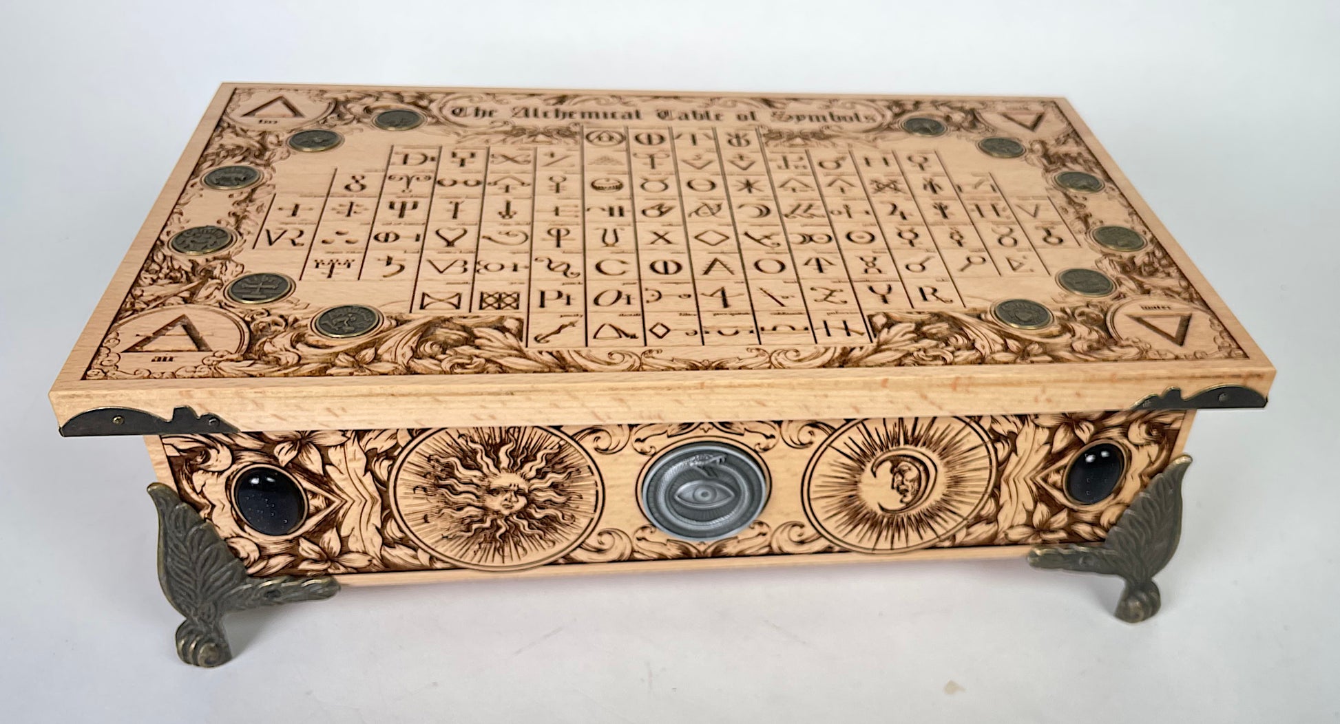 Alchemy tarot box with zodiac and elemental symbols in wood tarot storage
