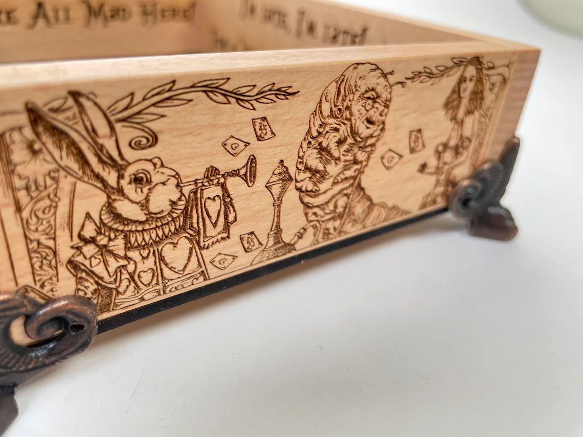 Alice in wonderland small valet tray, gift, Lewis Carroll valet tray of solid wood, the Cheshire Cat, the Caterpillar, and the White Rabbit. - Forgotten Engravings alice-in-wonderland-small-v