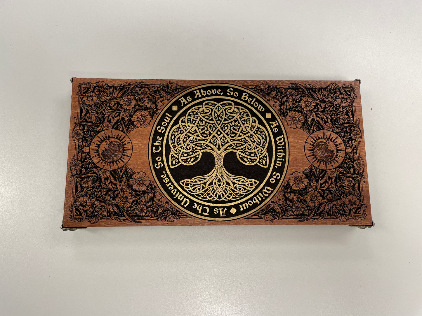 Wiccan altar table made of solid mahogany wood engraved with Tree of Life and As Above So Below quote
