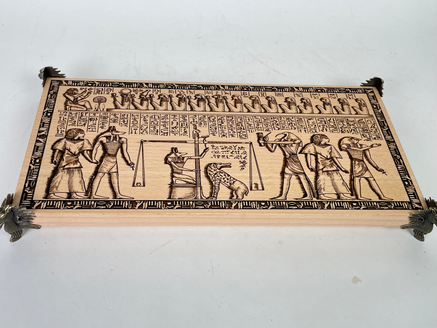 Egyptian altar table engraved with Weighing of the Heart scene from the Book of the Dead handmade Netherlands ships to USA
