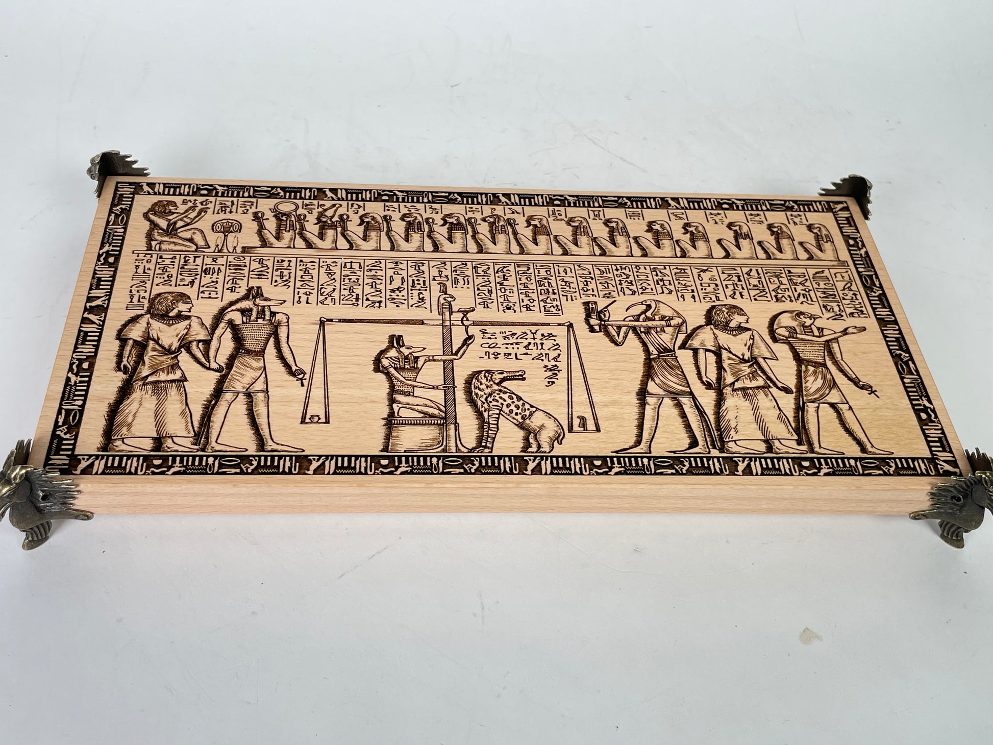 Egyptian altar table engraved with Weighing of the Heart scene from the Book of the Dead handmade Netherlands ships to USA
