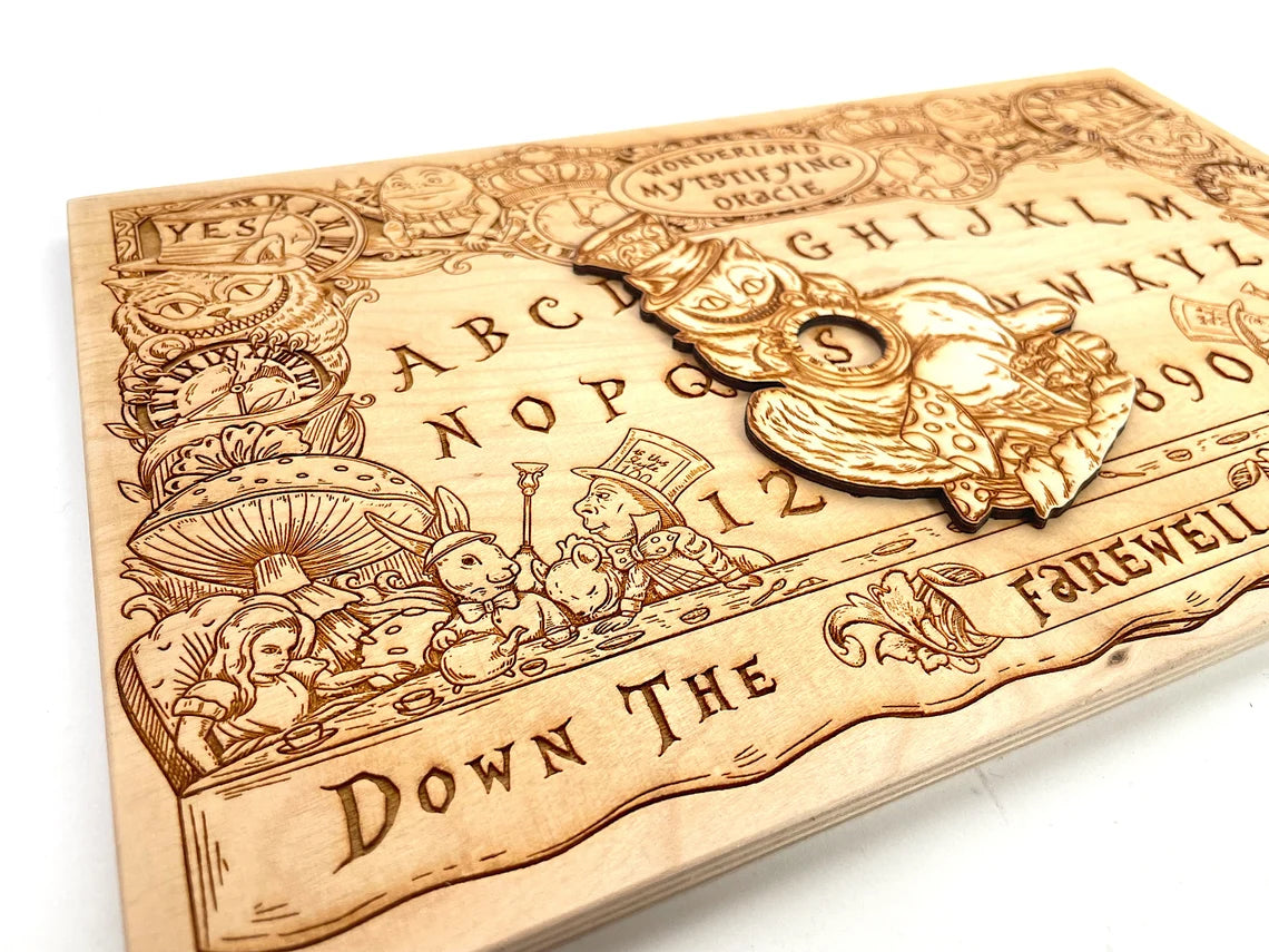 Side view of engraved wooden Wonderland Ouija board showing natural wood grain
