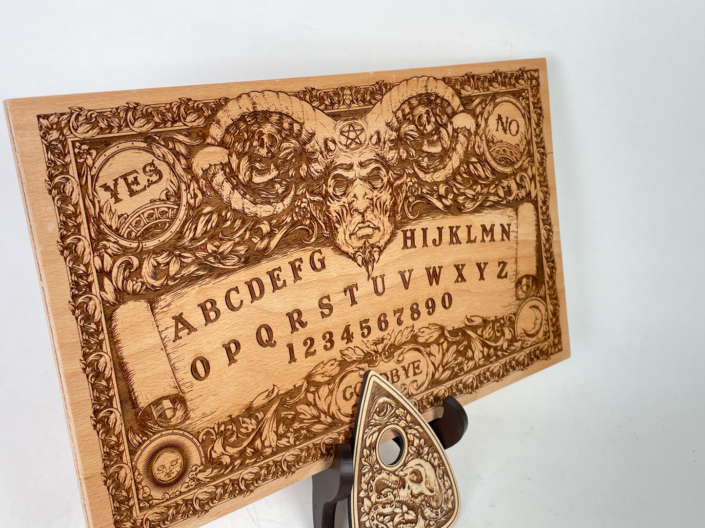 Large cursed Gothic spirit board engraved with Baphomet symbol and classic Ouija markings, solid wood construction suitable for ritual practice, altar use, and dark fantasy home decor
