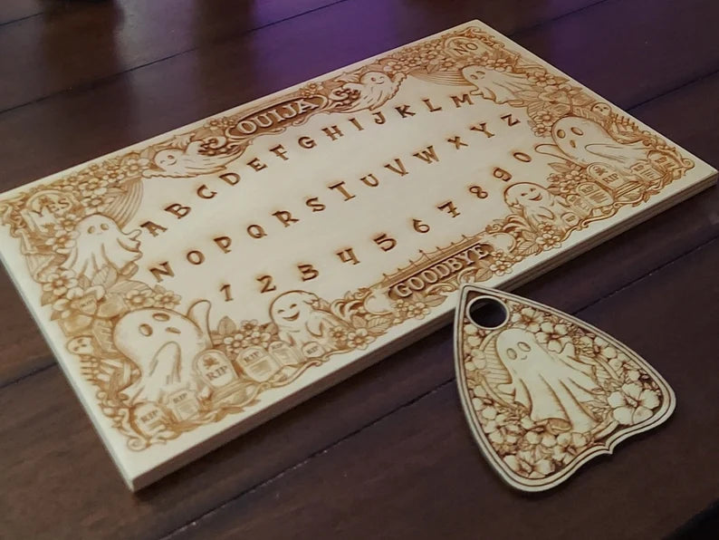 Cute ghost and floral Ouija board engraved on wood with planchette handmade Netherlands ships to USA
