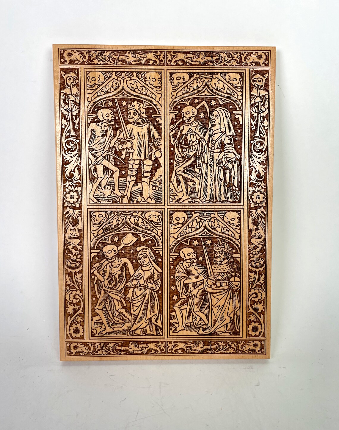 Medieval Dance of Death wall decor engraved wood inspired by Hans Holbein Danse Macabre
