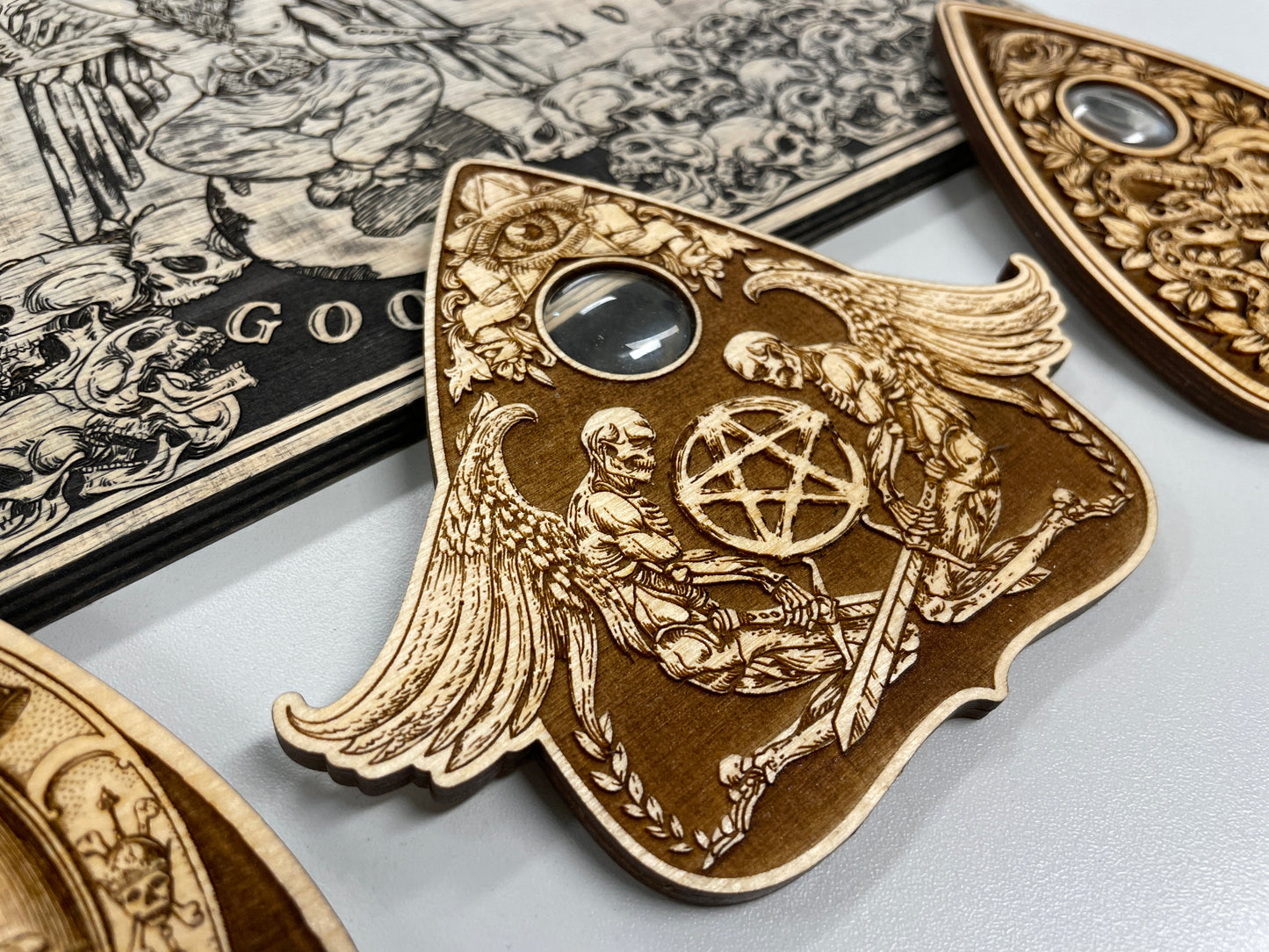 Winged demon occult wooden planchette with gothic engraving