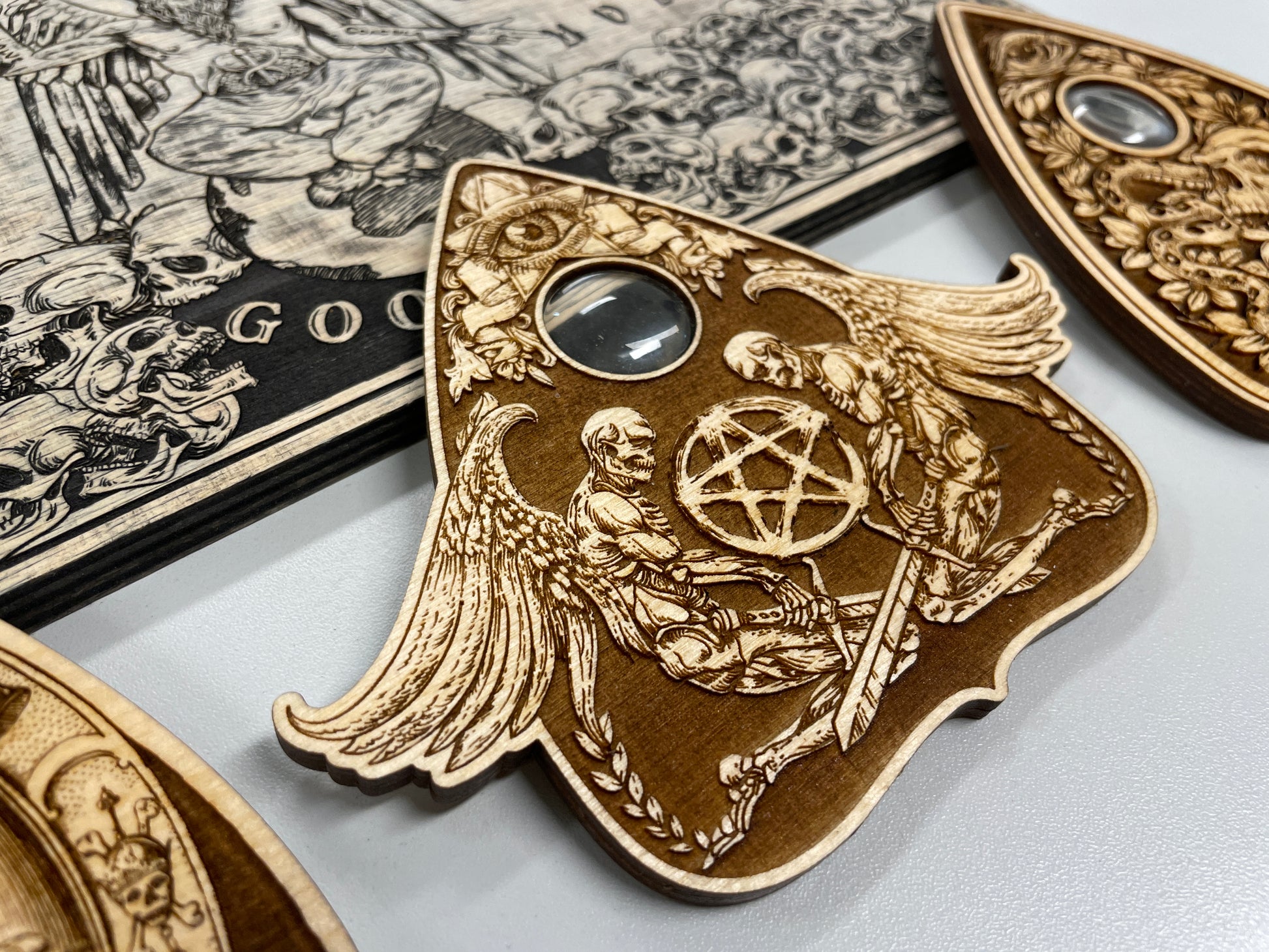 Winged demon occult wooden planchette with gothic engraving