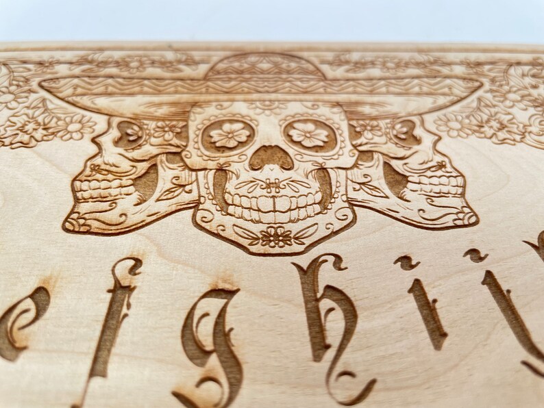 Ouija board, with sugar skull dia de los Muertos theme wooden engraving, wood day of the dead decor spirit board sugar skull design. - Forgotten Engravings ouija-board-with-sugar-skull-dia-de