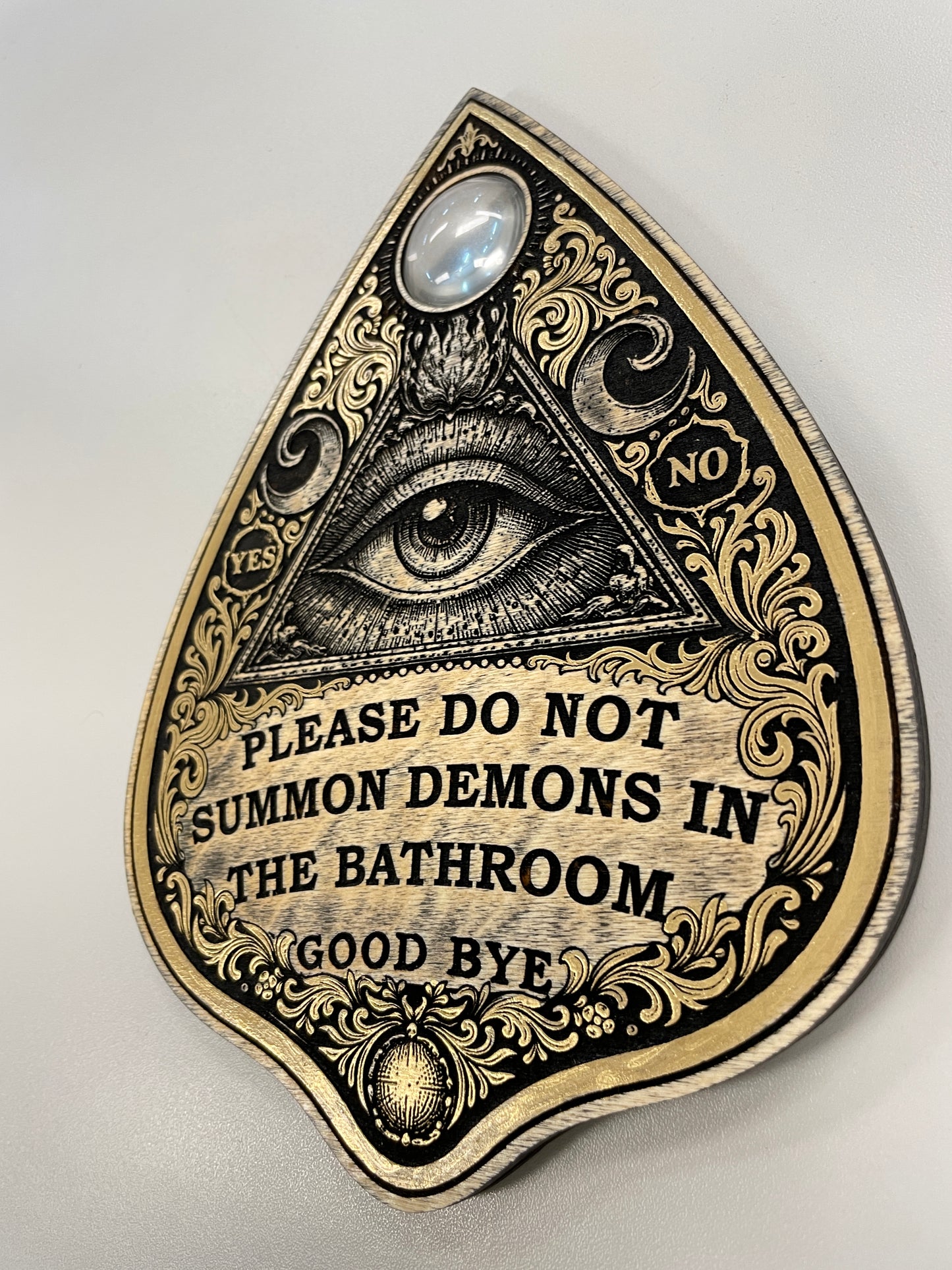 Spirit board themed planchette wall decor all seeing eye triangle with glass lens
