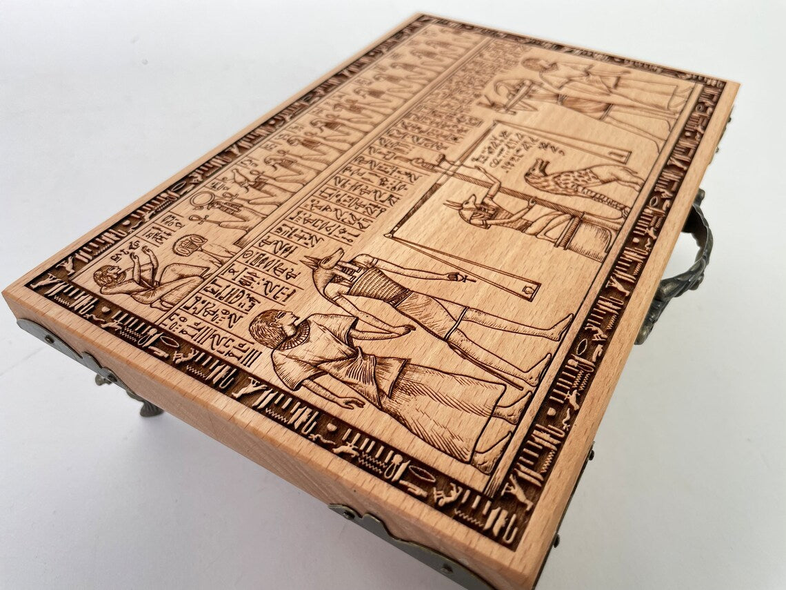 Side view of Egyptian tarot deck box showing thickness and solid wood craftsmanship

