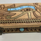 Handcrafted Egyptian Eye of Horus altar box engraved in solid wood, tarot and oracle card storage chest with turquoise inlay and sacred cobra details