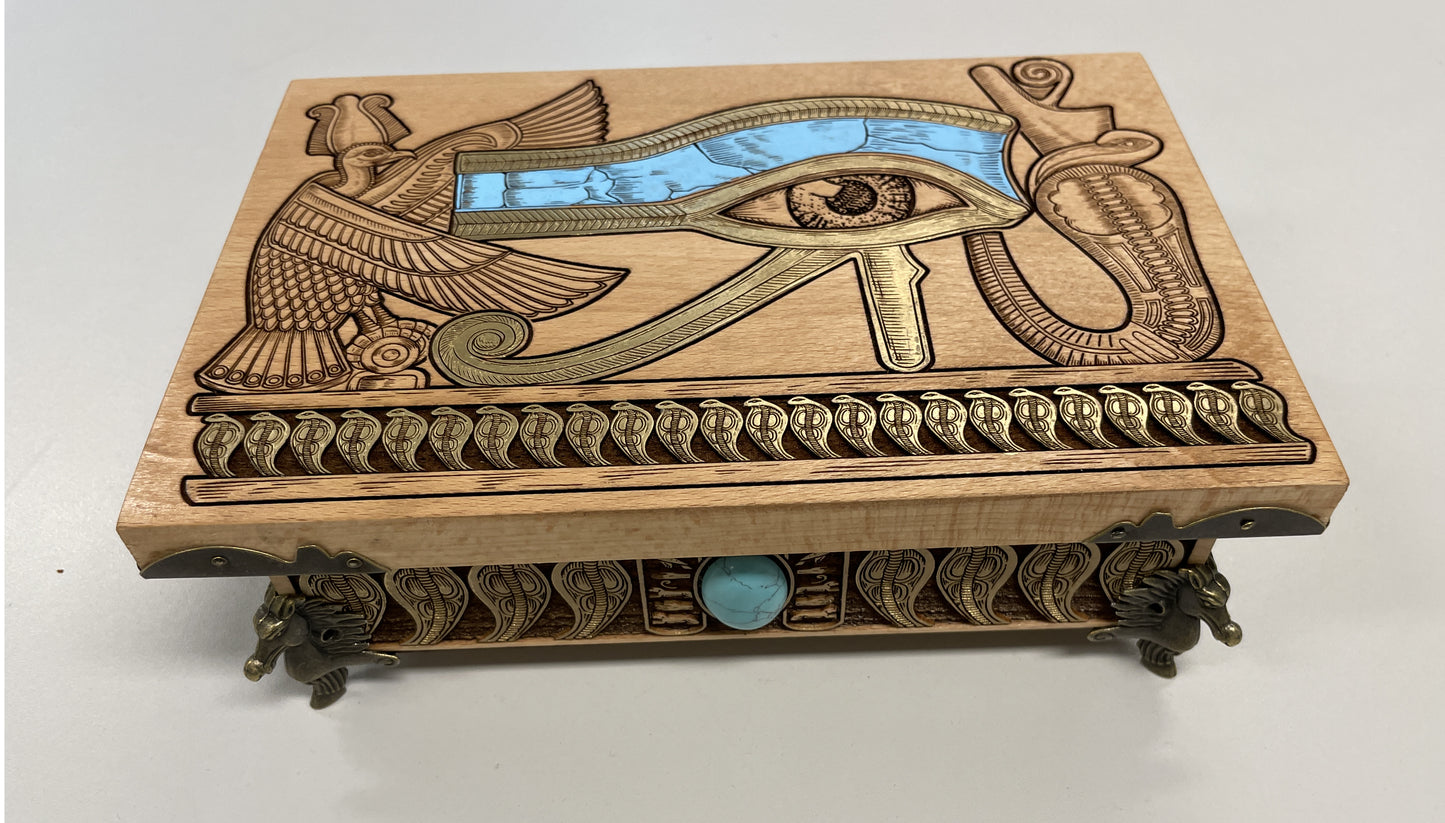 Handcrafted Egyptian Eye of Horus altar box engraved in solid wood, tarot and oracle card storage chest with turquoise inlay and sacred cobra details