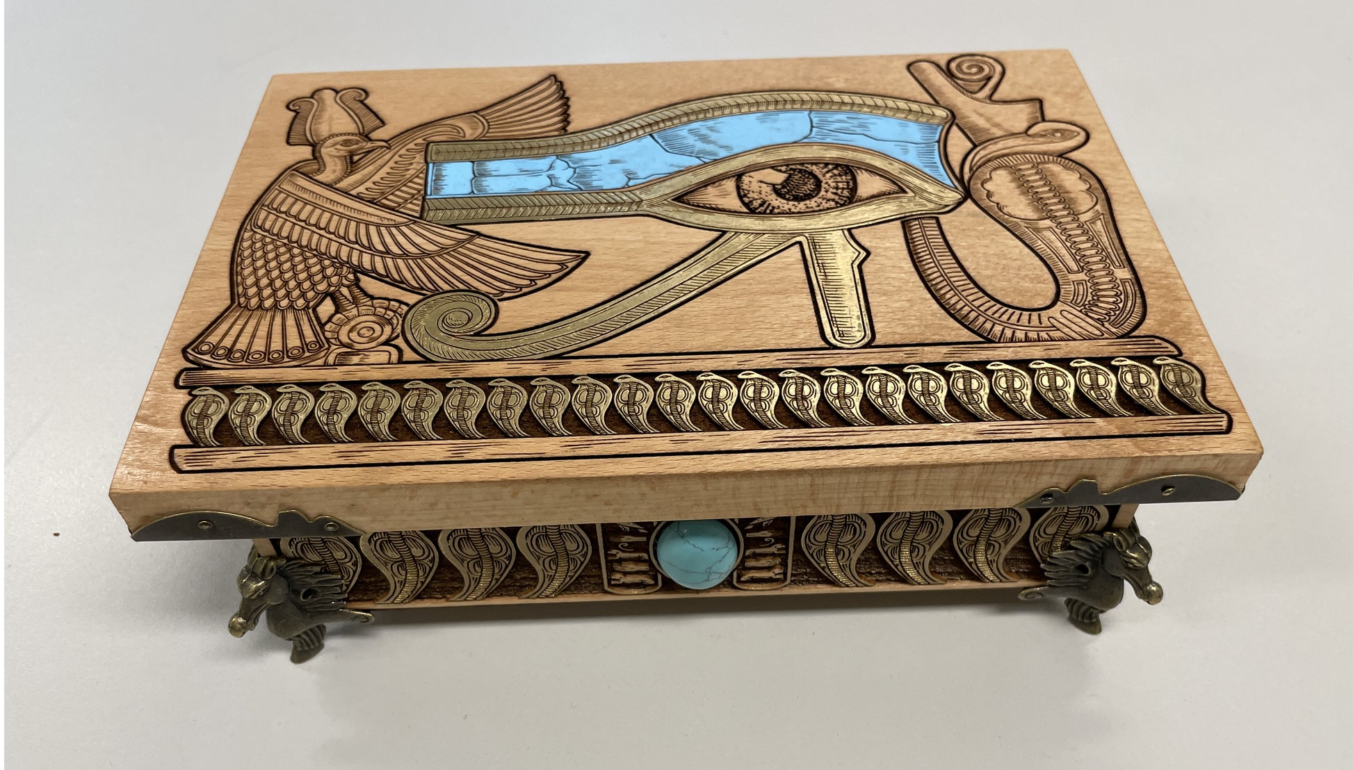 Handcrafted Egyptian Eye of Horus altar box engraved in solid wood, tarot and oracle card storage chest with turquoise inlay and sacred cobra details