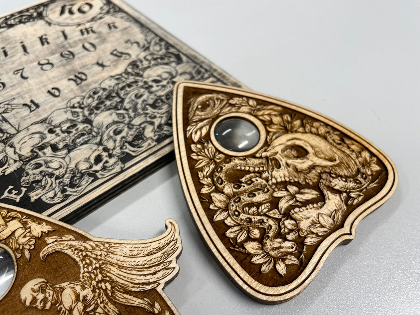 Skull and serpent gothic spirit board pointer carved in solid wood