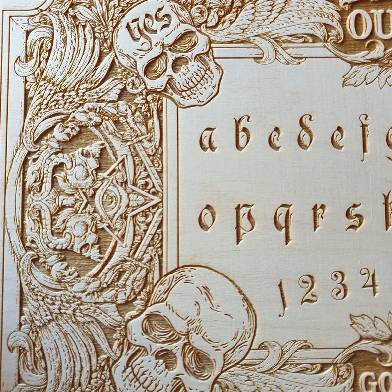 Wooden Ouija board game with demons and skulls wooden engraving, wooden gothic skull spirit board original design. - Forgotten Engravings