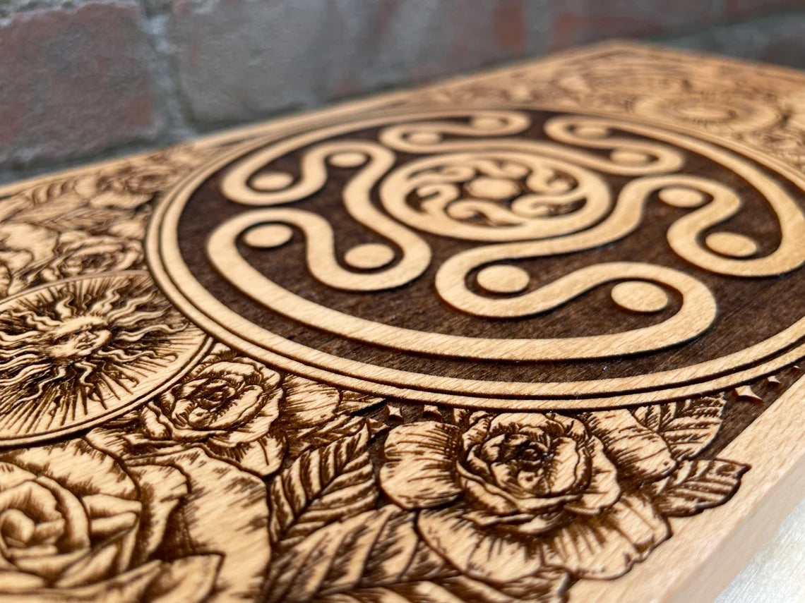 Hekate altar decor engraved on wood 