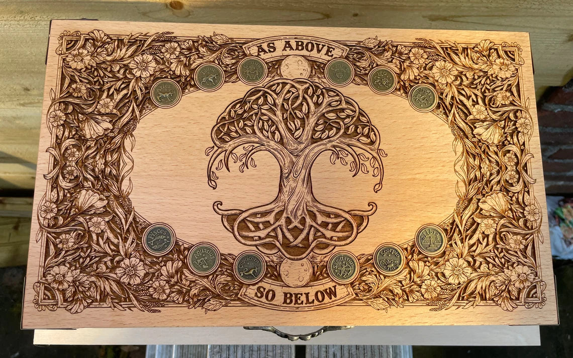 Close up of Yggdrasil Tree of Life engraving on large wooden tarot storage box
