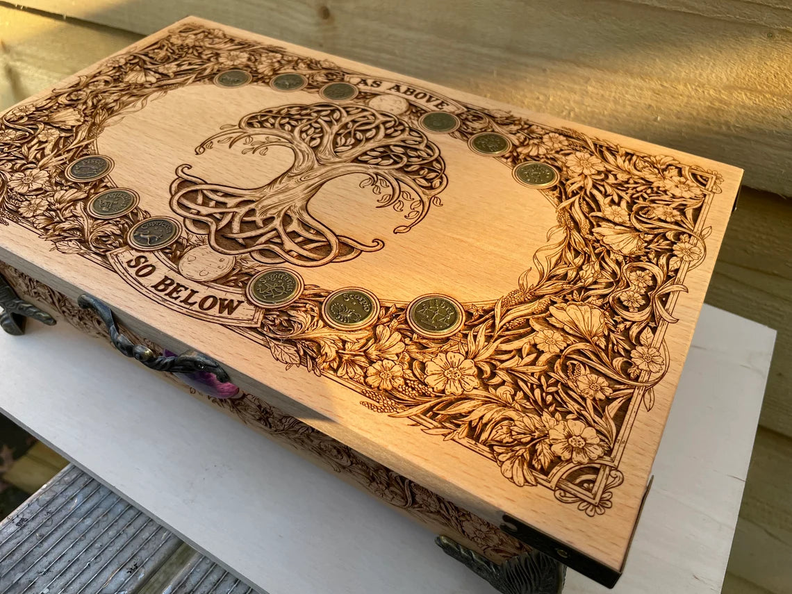 Tree of life As Above So Below Tarot Box | Wiccan Altar Chest | Pagan Yggdrasil Wood Box | Witchcraft Tarot Deck & Crystal Holder