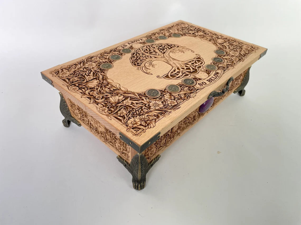 Tree of life As Above So Below Tarot Box | Wiccan Altar Chest | Pagan Yggdrasil Wood Box | Witchcraft Tarot Deck & Crystal Holder