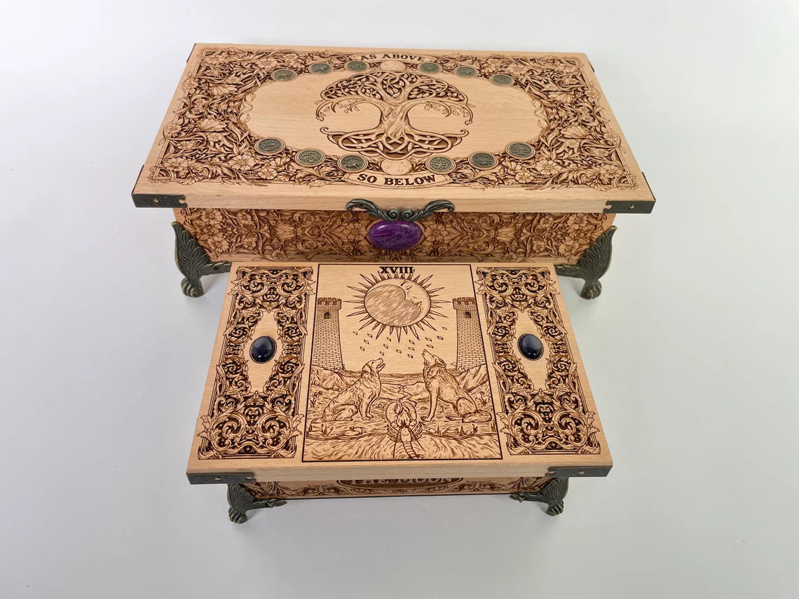 Tree of life As Above So Below Tarot Box | Wiccan Altar Chest | Pagan Yggdrasil Wood Box | Witchcraft Tarot Deck & Crystal Holder